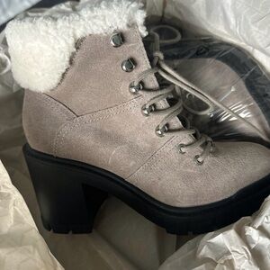 Marc Fisher Gray Heeled Boots with White Fur